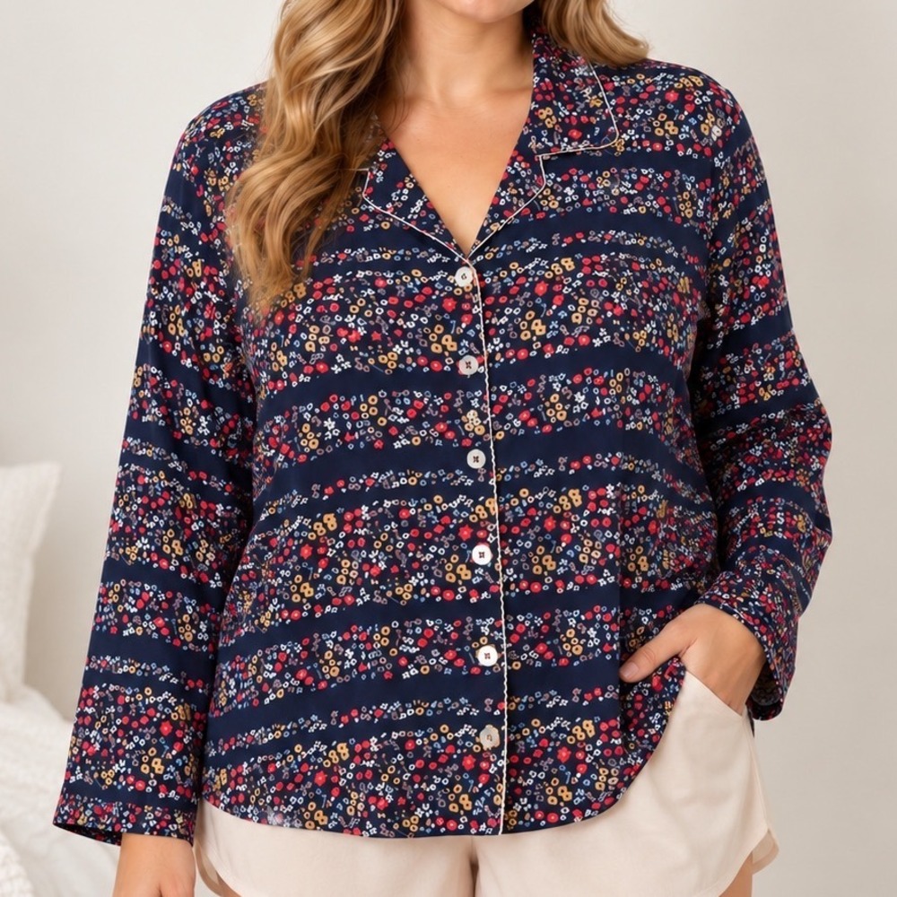 Navy Ditsy Floral Pajama Top 1X Cottagecore Button Front Contrast Stitch